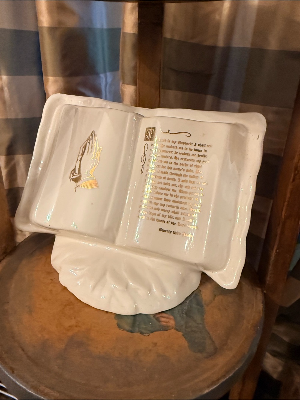 White Vintage Ceramic Open Book Prayer Plaque with Gold Detail